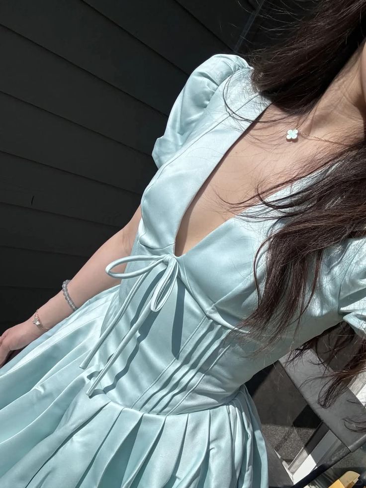 Girlhomeshops-Blue Sweet Fashion V-Neck Short Satin Homecoming Dress Birthday Party Dress gh5249