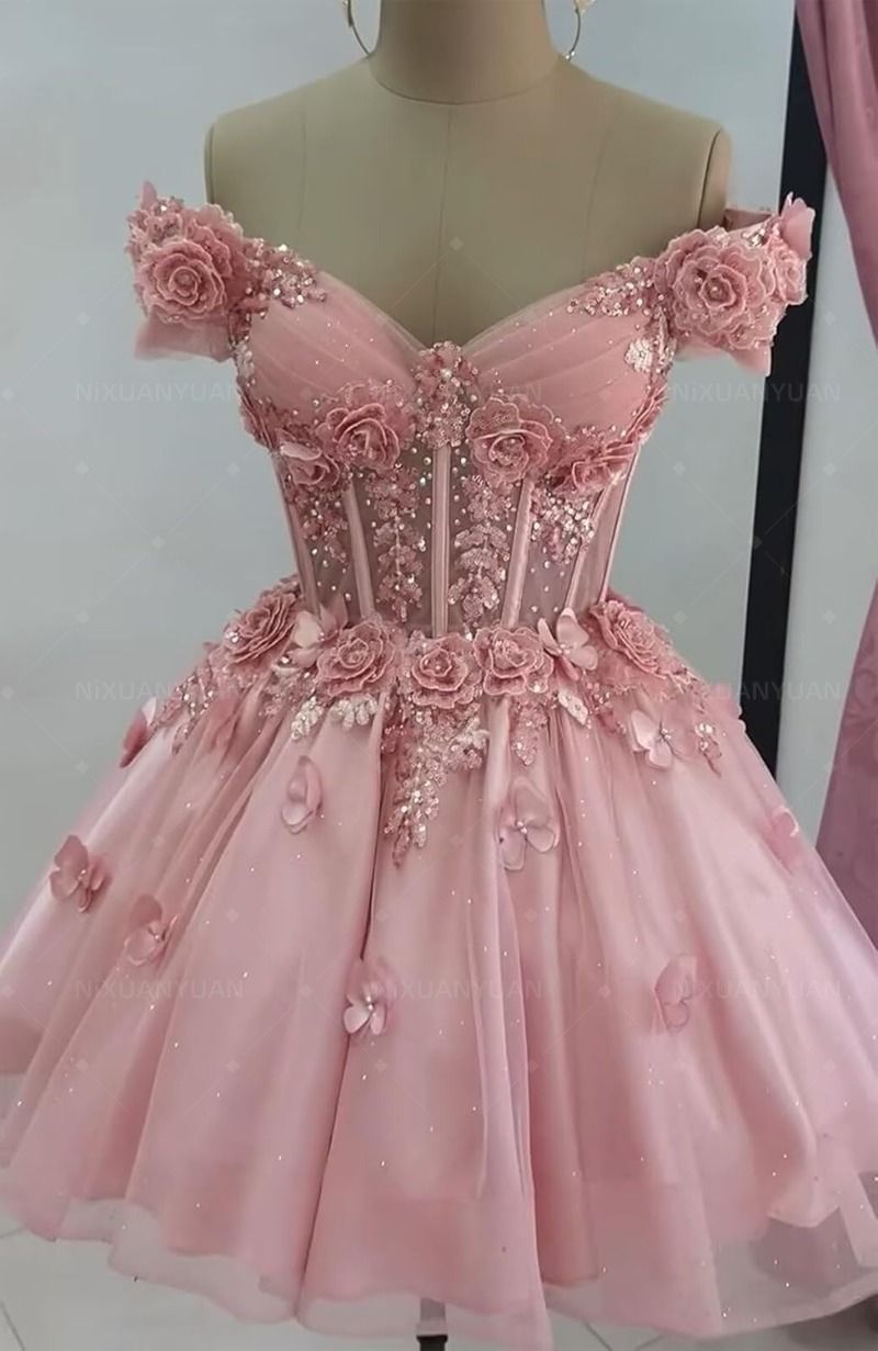 Girlhomeshops-Pink Floral Exquisite Beaded Short Tulle Homecoming Dress Prom Dress Birthday Party Dress gh5024