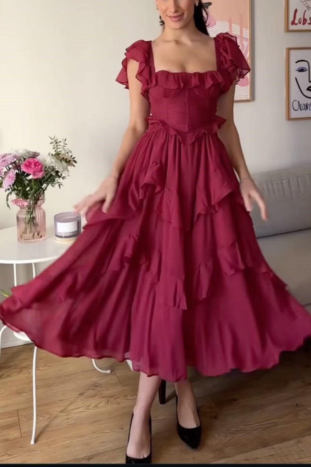 girlhomeshops-Pink burgundy ruffled long prom dress gh5772