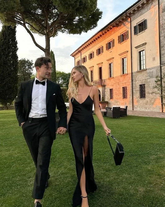 Black Fashion Elegant Long Satin Slit Sexy Ball Gown Evening Dress Wedding Guest Party Dress gh3431