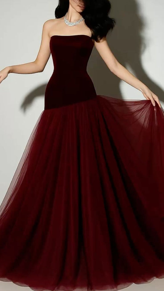 Sleeveless Burgundy Velvet & Tulle Mermaid Gown | Luxury Elegant Paneled Train Maxi Dress for Gala Ball gh6472