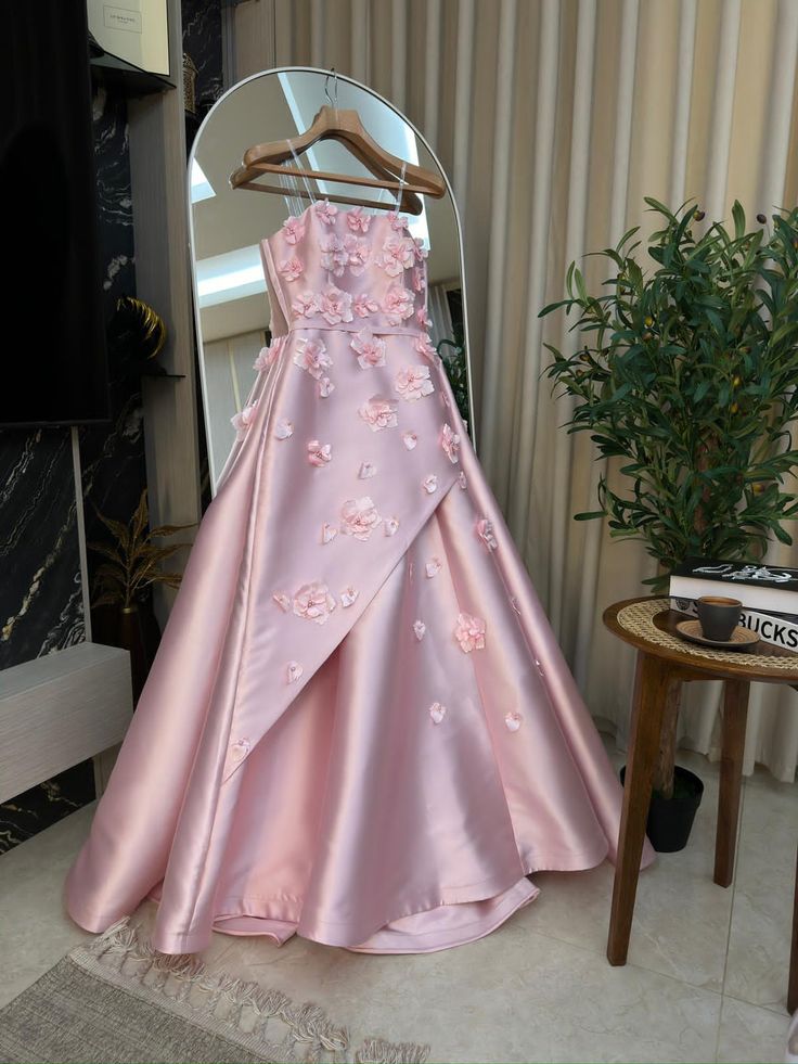 Pink Delicate Sweet Transparent Strap Applique Floral Long Satin Formal Prom Dress Evening Gown gh3146
