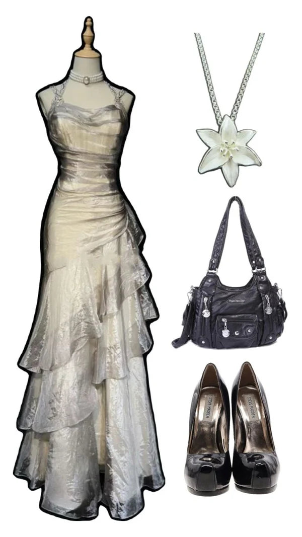 champagne Vintage Elegant Long Lace Ruffle prom dress Evening Dress gh3815