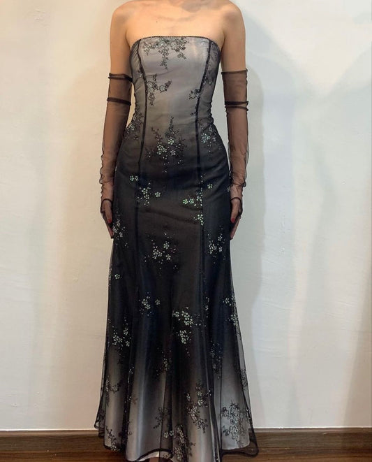 Black White/Green Retro Fashion Gradient Exquisite Floral Long Tulle Prom Dress Evening Dress Party Dress gh3607