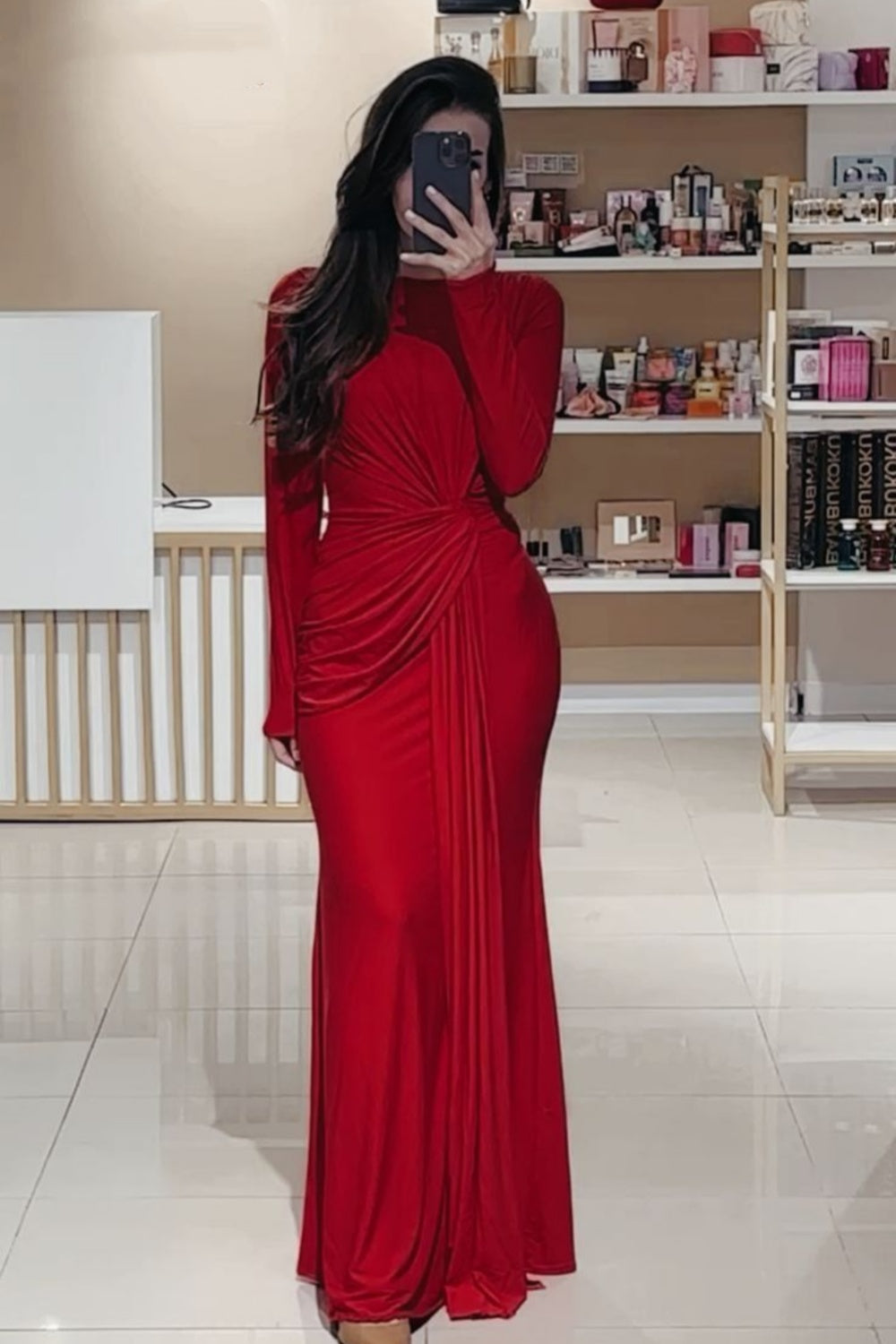girlhomeshops-Red Long-Sleeved Long Dress gh6262