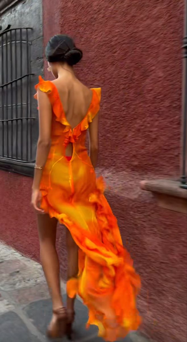 Orange Fashion Gradient Spaghetti Strap Long Ruffle Elegant Chiffon Ball Gown prom dress Evening Dress Holiday Party Dress gh3319