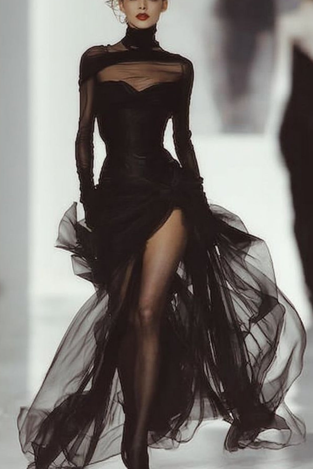 girlhomeshops-Black Tulle and Leather Paneled Turtleneck Long Sleeve Floor-Length Slit Gown gh6319