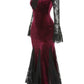 girlhomeshops-Burgunderrotes, langärmliges Gothic-Spitzenkleid aus Samt, Ballkleid, Abendkleid gh5813