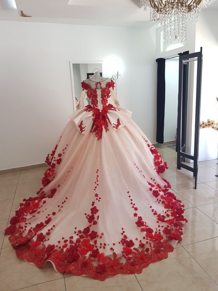 Red gorgeous exquisite sweet floral applique long tulle ball gown evening gown wedding dress gh3344