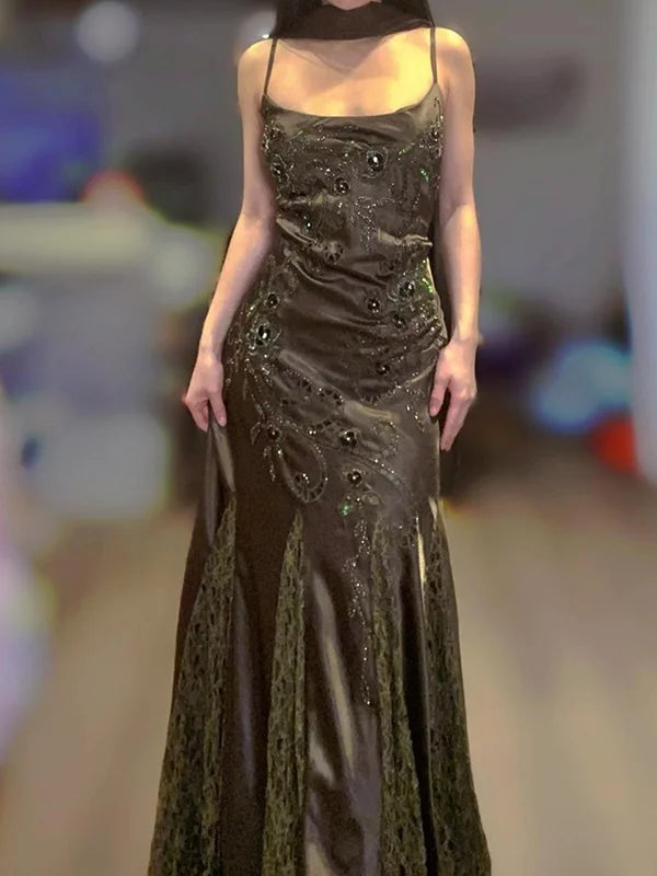 Green Vintage Fashion Gorgeous Pretty Charming Elegant Delicate Floral Beaded lace Spaghetti Straps Long Satin Ball Gown Evening Gown Party Dress Prom Gown gh3825