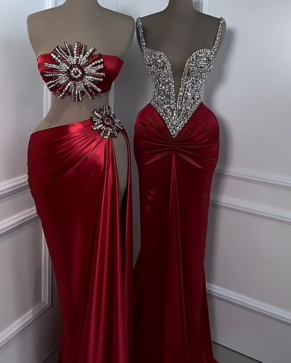 Girlhomeshops-Red beaded dress sexy elegant dress prom dresses party dress satin gh5143