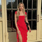 Red square neck spaghetti straps long chiffon ruffles elegant sexy slit ball gown evening dress wedding guest party dress gh3323