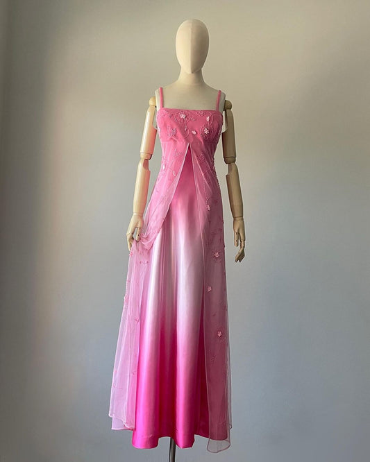 Girlhomeshops-Pink Fashion Gradient Beaded Floral Long Chiffon Retro Prom Dress Evening Dress Birthday Party Dress Graduation Dress gh5129