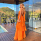 Orange suspender fashion elegant backless long chiffon ruffle ball gown evening dress wedding guest party dress gh3097