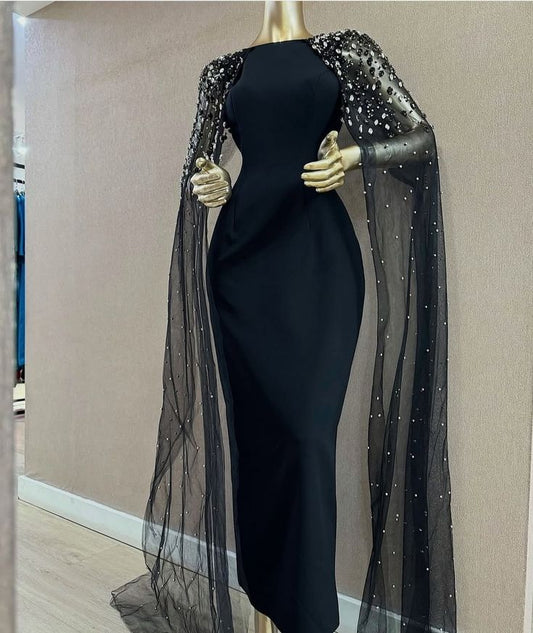 Girlhomeshops-Schwarzes, exquisites, perlenbesetztes, langes, enges Tüll-Satin-Ballkleid, Abendkleid, Geburtstagspartykleid, gh5384