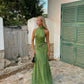 Green simple halter neck suspenders sparkling sequins long slit ball gown evening dress party dress gh3007