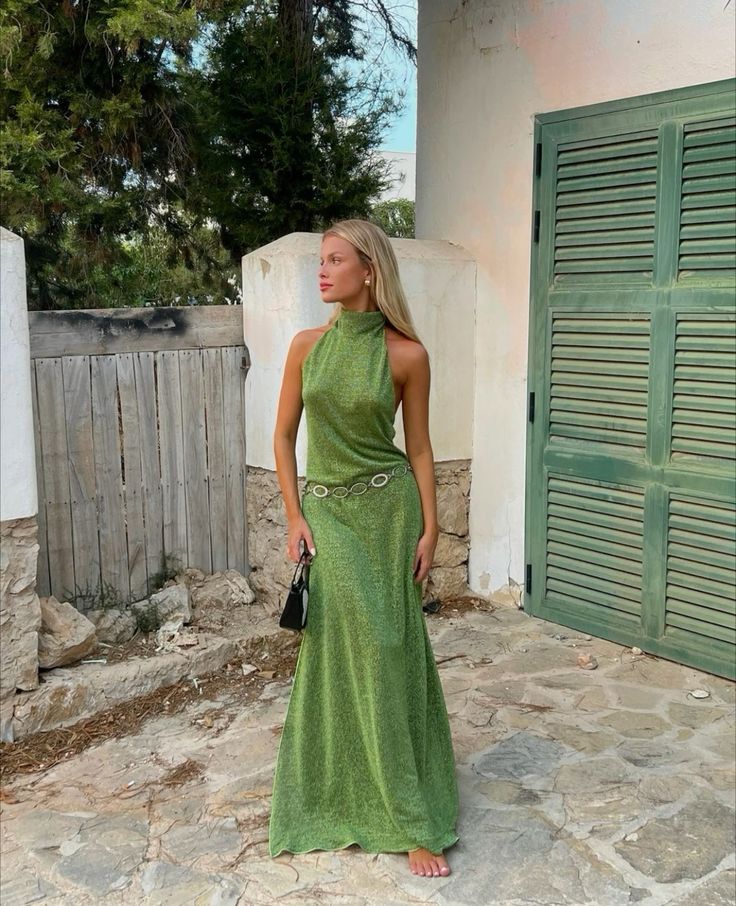 Green simple halter neck suspenders sparkling sequins long slit ball gown evening dress party dress gh3007