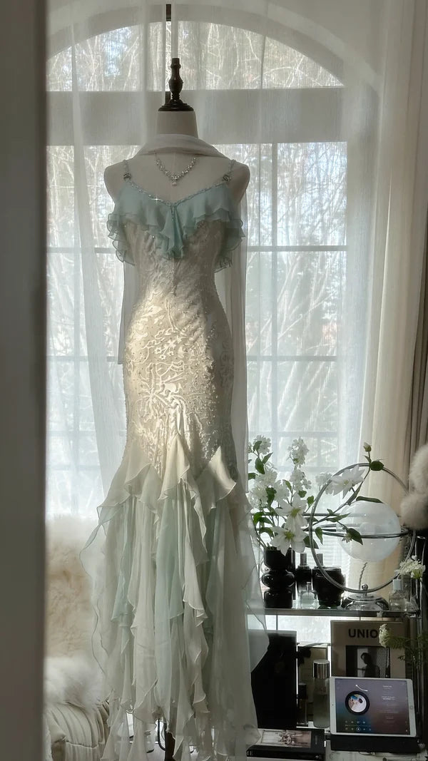 Robe de soirée sirène longue et fine en tulle et dentelle, magnifique robe de bal, charmante, à bretelles spaghetti, perles et volants, verte et blanche, gh3617a