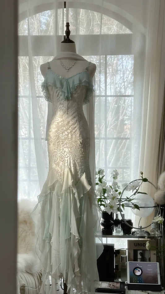 Green white gorgeous beautiful charming spaghetti straps beaded ruffles mermaid long slim lace tulle ball gown fashion evening dress party dress prom dress gh3617a