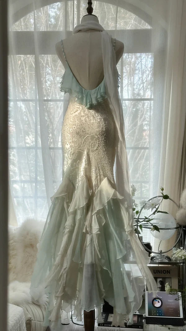 Robe de soirée sirène longue et fine en tulle et dentelle, magnifique robe de bal, charmante, à bretelles spaghetti, perles et volants, verte et blanche, gh3617a