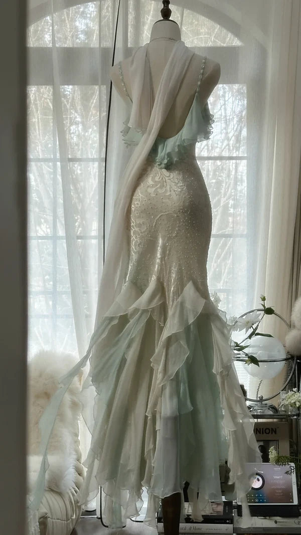 Robe de soirée sirène longue et fine en tulle et dentelle, magnifique robe de bal, charmante, à bretelles spaghetti, perles et volants, verte et blanche, gh3617a