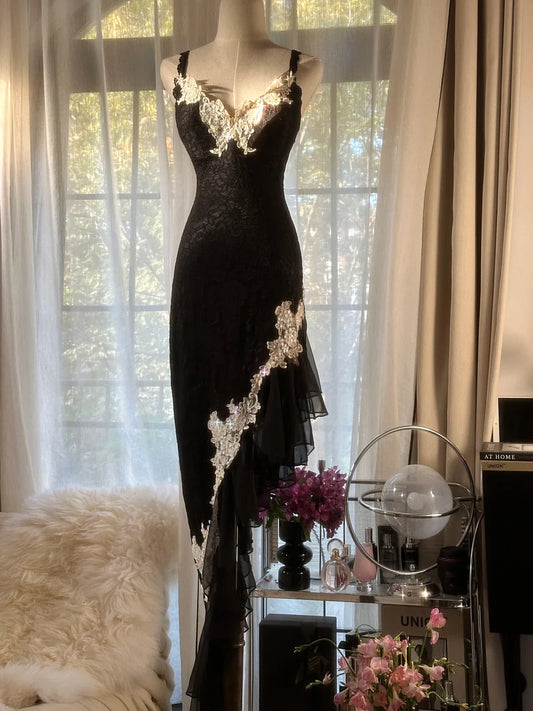 Black retro sexy spaghetti straps exquisite lace long bodycon slim fit elegant evening dress party dress gh3618