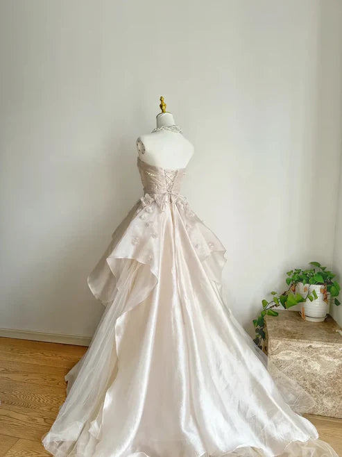 Pink Gorgeous Elegant Exquisite Beading A-Line Off Shoulder Long Tulle Ball Gown Evening Gown Wedding Dress gh3415