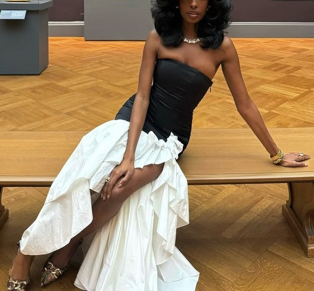 Sleeveless Black-White Contrast Mermaid Gown | Luxury Elegant Asymmetrical Ruffle Floor-Length Dress for Gala Ball gh6478