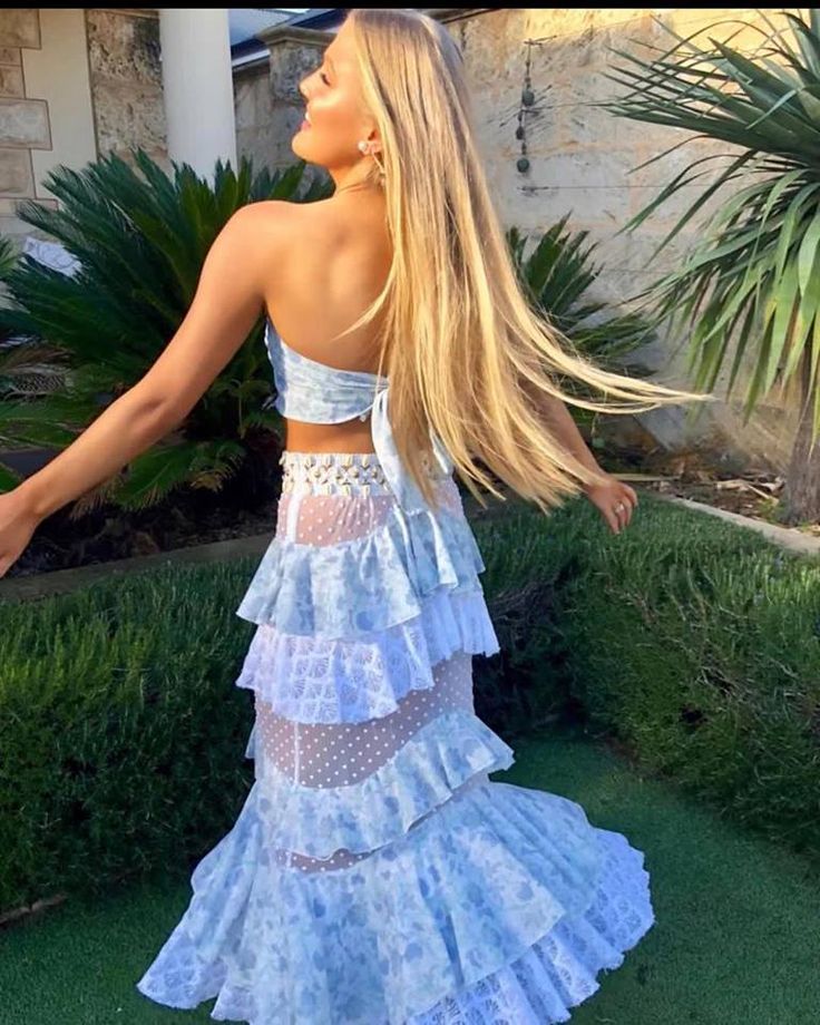 Blue floral lace ruffle long two piece suit evening gown party dress gh3011