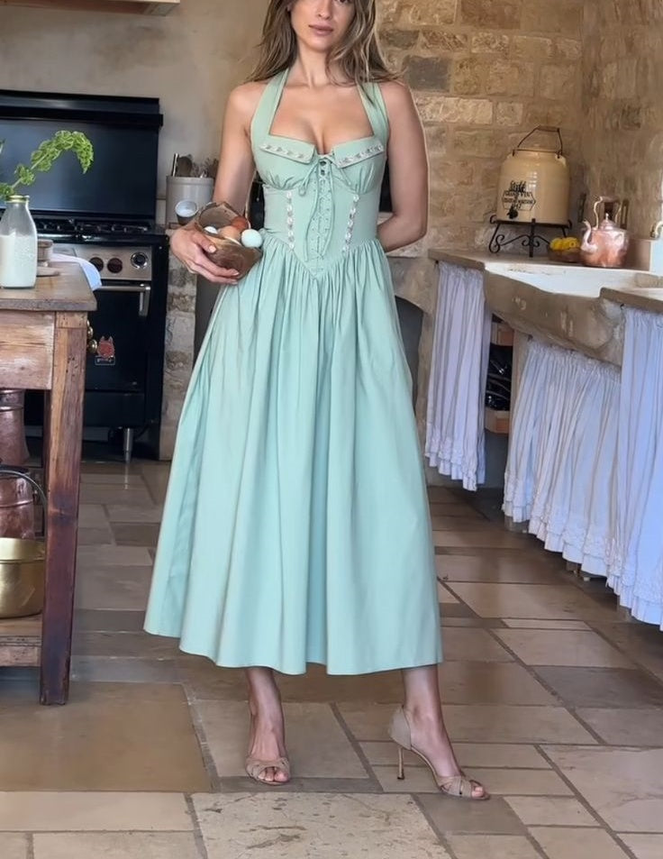 Mint Green Elegant Exquisite Floral Corset Long Satin Halter Ball Gown Evening Dress Party Dress gh4117