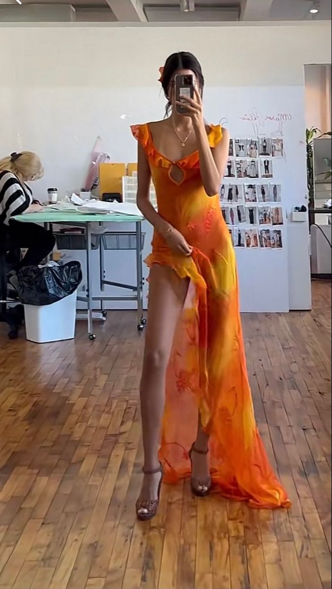 Orange Fashion Gradient Spaghetti Strap Long Ruffle Elegant Chiffon Ball Gown prom dress Evening Dress Holiday Party Dress gh3319