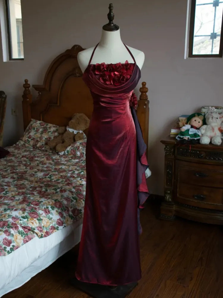 Robe de soirée longue dos nu à fleurs délicates et brillantes, jaune/vert/bordeaux, robe de fête d'anniversaire gh3385