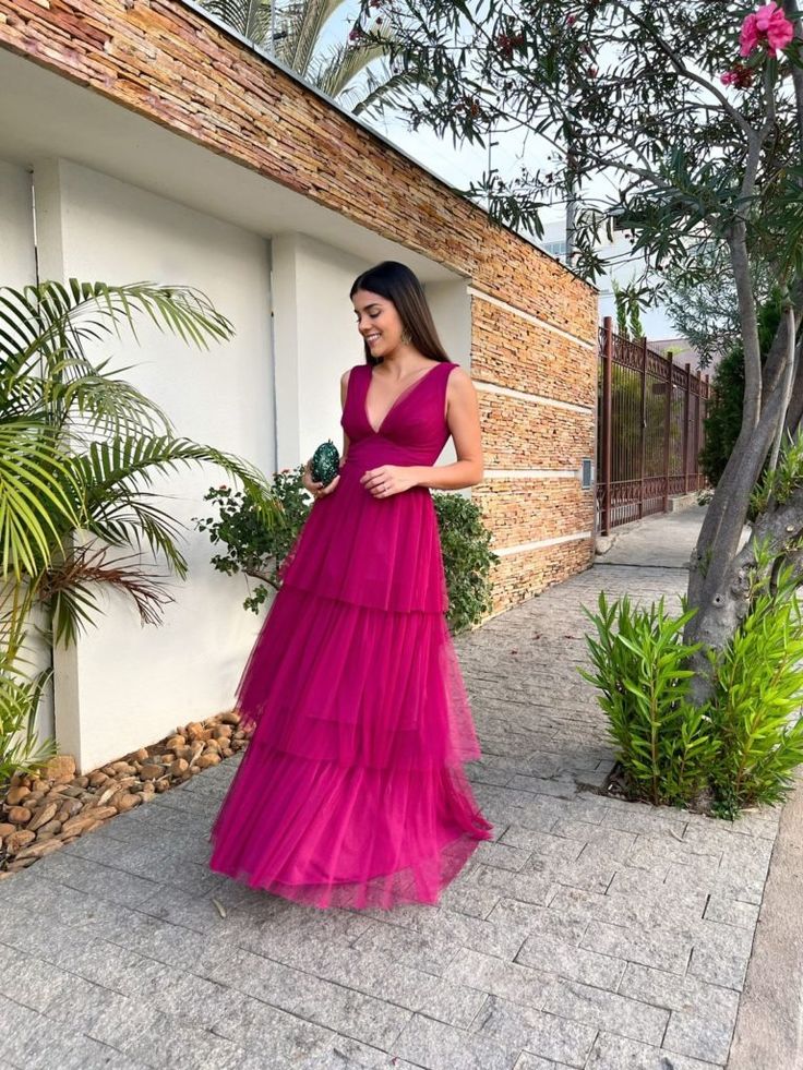 Purple Fashion Elegant V-neck Long Tulle Ball Gown Evening Dress Wedding Guest Party Dress gh3325