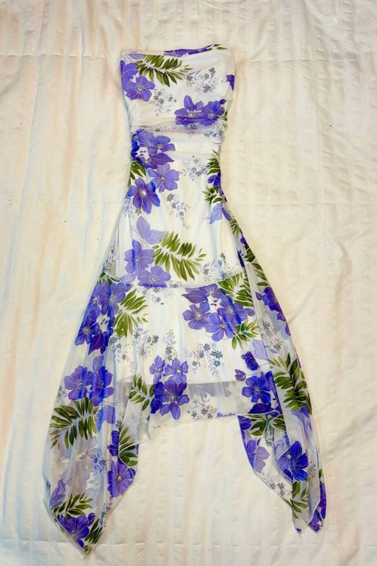 girlhomeshops-Vin tage Purple Floral Strapless Asymmetric Tulle Long Evening Gown gh6017