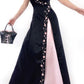 Black & Pink Floral Embroidery Camisole Dress: Slit dresses, Fitted Cut, Retro Party Elegant Maxi Dress gh6604