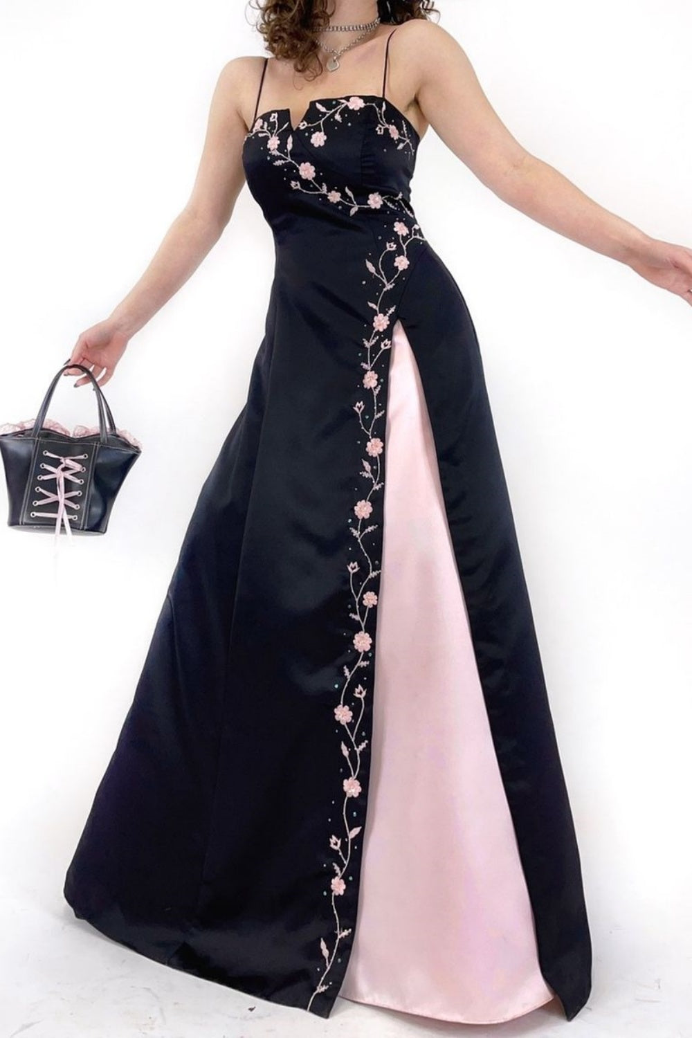 Black & Pink Floral Embroidery Camisole Dress: Slit dresses, Fitted Cut, Retro Party Elegant Maxi Dress gh6604