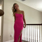 Simple Fashion Satin Pink One Shoulder Ball Gown Slit Long Evening Dress gh3083
