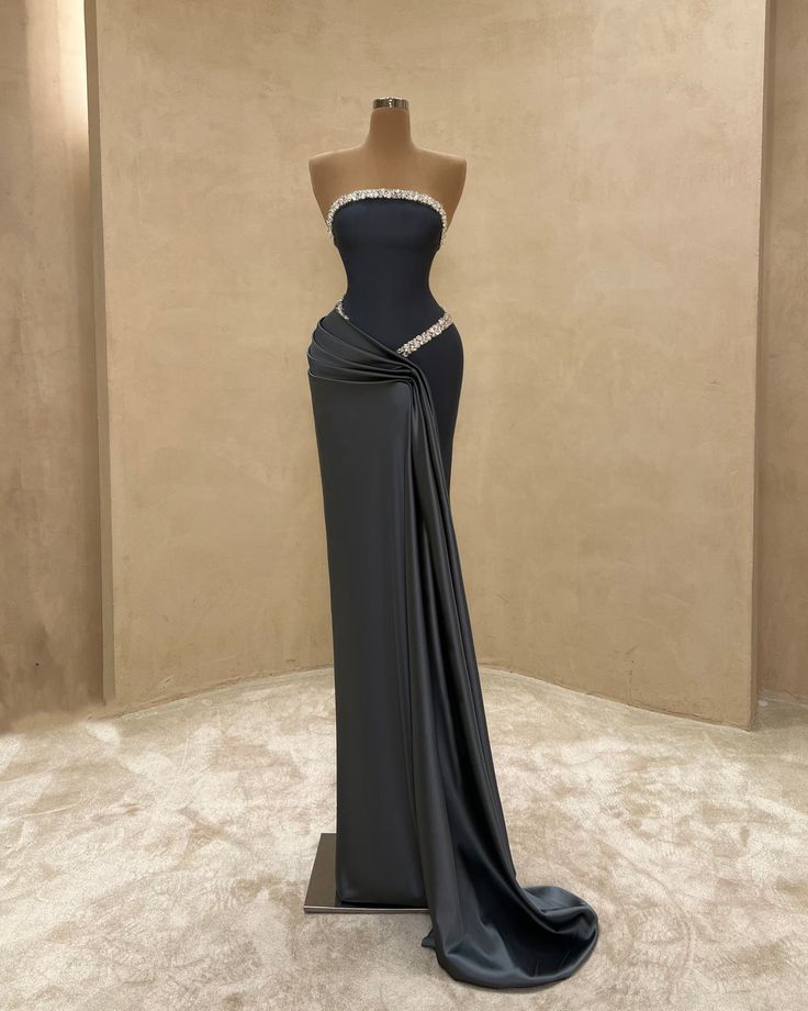 Girlhomeshops - Dunkelgraues, exquisites, perlenbesetztes, sexy langes, bodenlanges Ballkleid aus Satin, gh5430