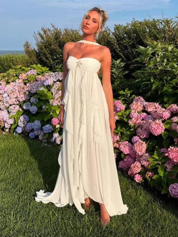 White pure color youthful elegant sweet long chiffon ruffle irregular skirt seaside beach holiday party dress evening dress prom dress gh3538