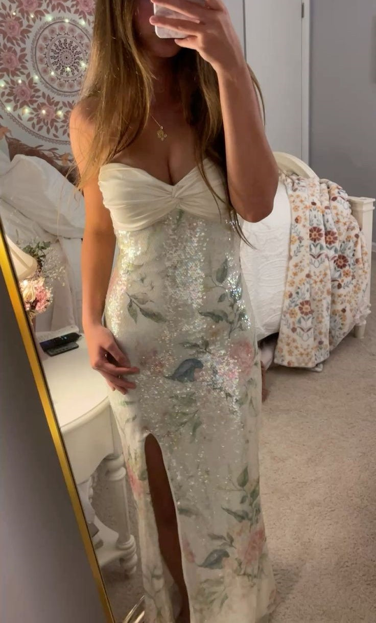 girlhomeshops-Charming Dress With Shiny Floral Slit Tube Top Long Sequins Prom Dress Graduation Dress gh5865