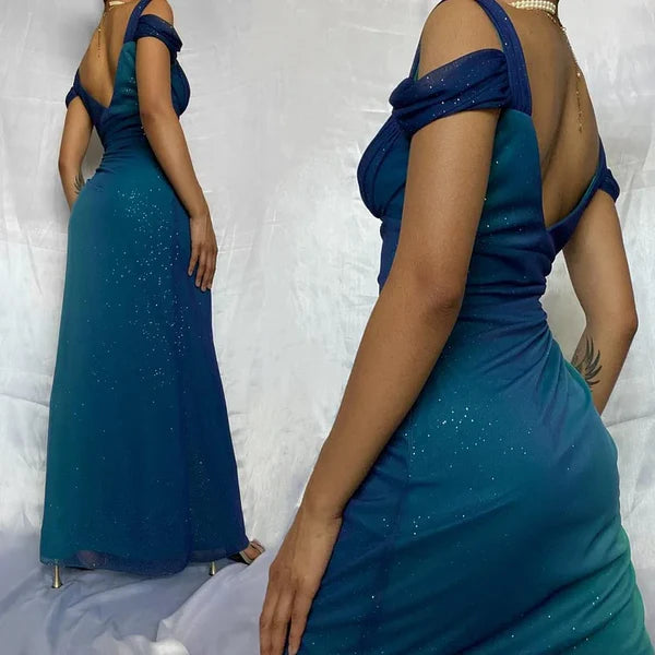 Blue shiny fashion gradient elegant spaghetti straps long chiffon elegant ball gown evening dress party dress gh3492