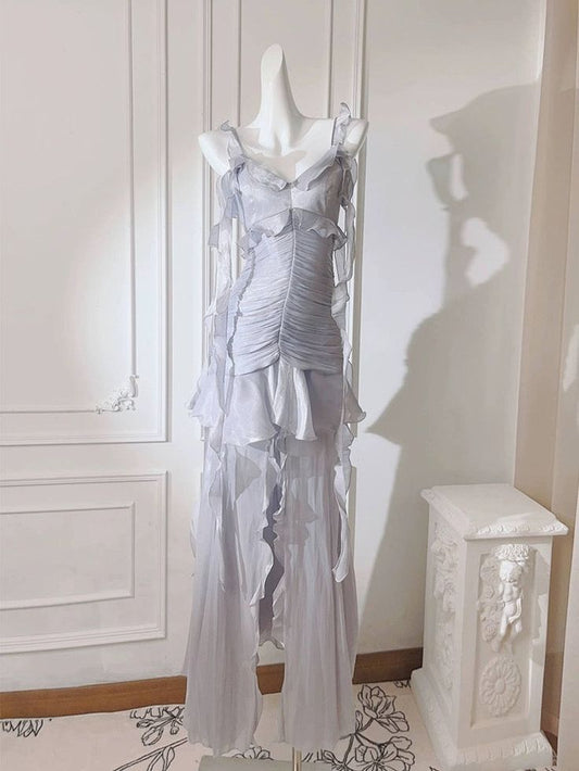Robe de soirée longue en mousseline de soie à volants lilas, robe de fête d'anniversaire, gh4588