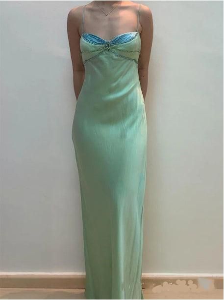 Green Vintage Fashion Beaded Spaghetti Straps Long satin Formal Prom Dress, Evening Dress, Party Dress gh3501