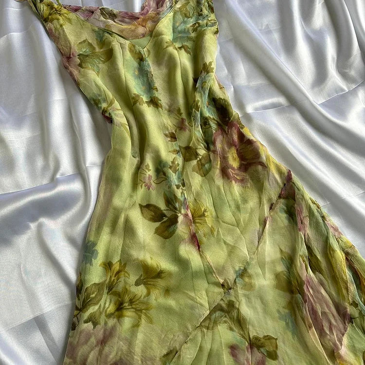 Robe de soirée longue en mousseline de soie, élégante et florale, verte, avec perles, gh4233
