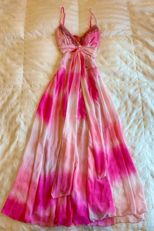 girlhomeshops-Vintage Pink-Purple Gradient Spaghetti Strap Lace-Trimmed Bowknot Long Resort Dress gh6013