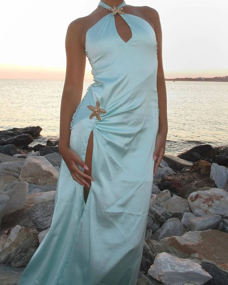 Blue Fashion Elegant Starfish Decoration Long Strap Satin Slit Ball Gown Evening Dress Party Dress Prom Dress gh3768