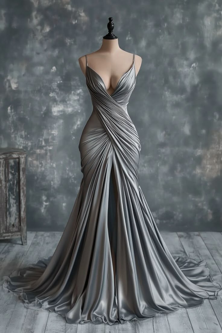 Robe de bal longue en satin gris argenté, élégante et tendance, col en V, gh4958