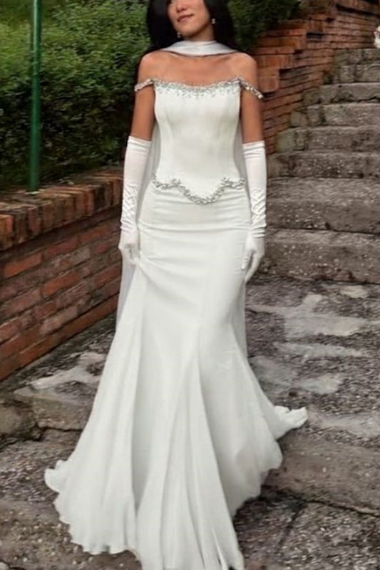 Elegant White Mermaid Gown | Off-Shoulder Rhinestone Dress, Gala Friends Gathering Fashion Outfit gh6454