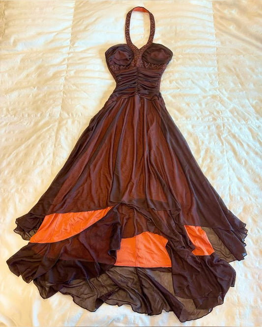 girlhomeshops-Vintage Brown-Orange Contrast Halter Neck Rhinestone-Embellished Asymmetric Ruffled Long Evening Gown gh6014
