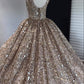 Nude pink gorgeous shiny gold sequins elegant long tulle sequin ball gown evening dress gh3197